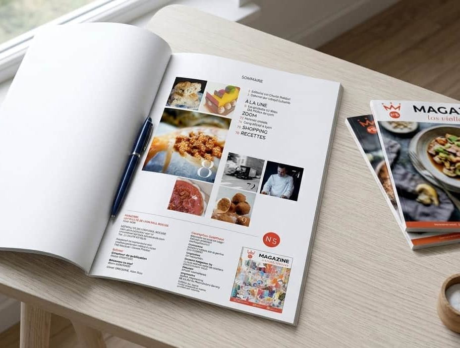 Mise en page institutionnelle gemcom : Mockup du magazine de luxe Halles de Lyon Paul Bocuse